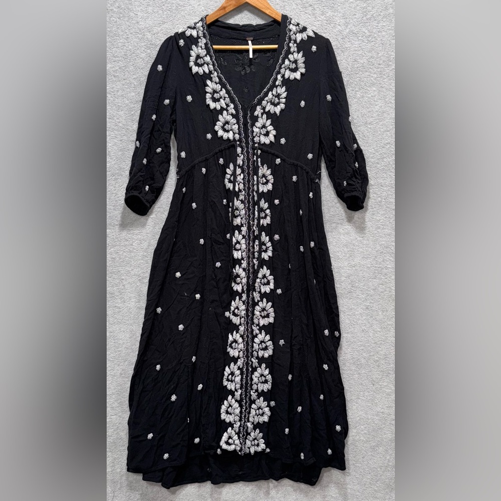 Free People Black and White Embroidered Midi Dress